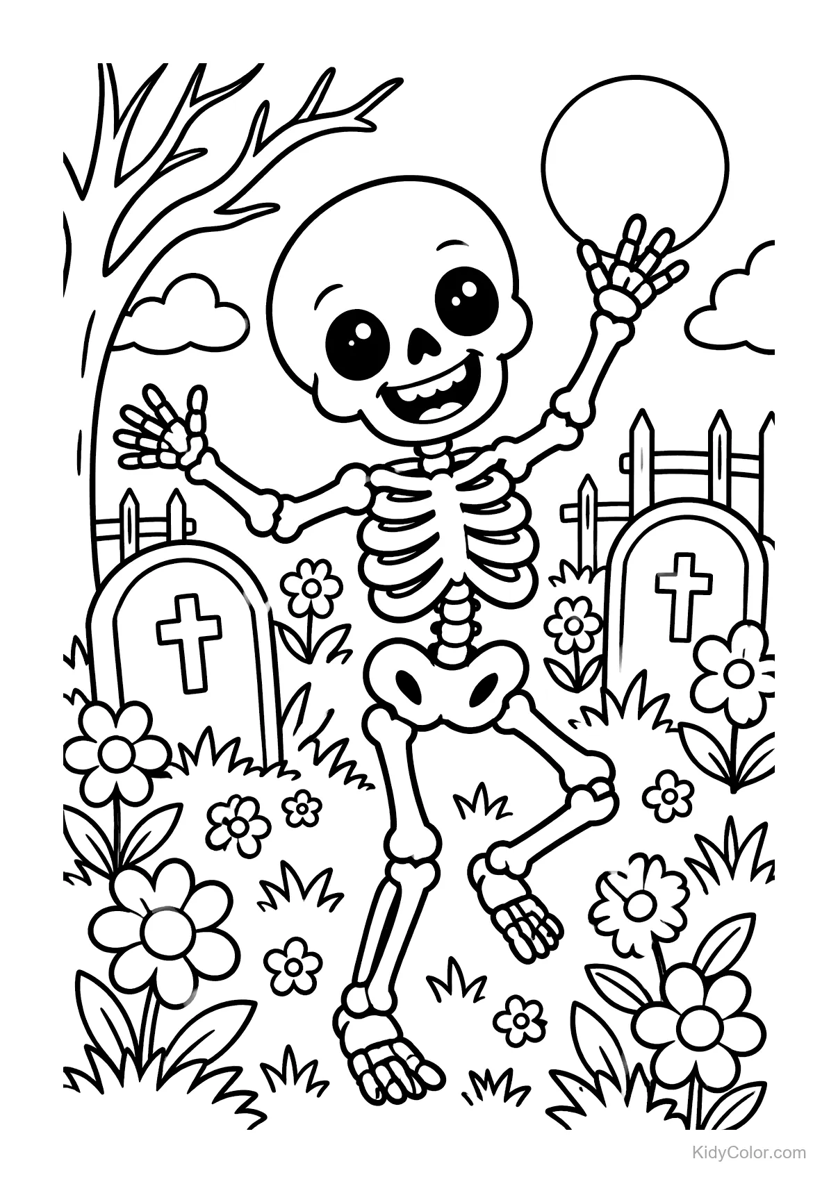 Esqueleto bailando en un cementerio con lápidas y flores de noche.