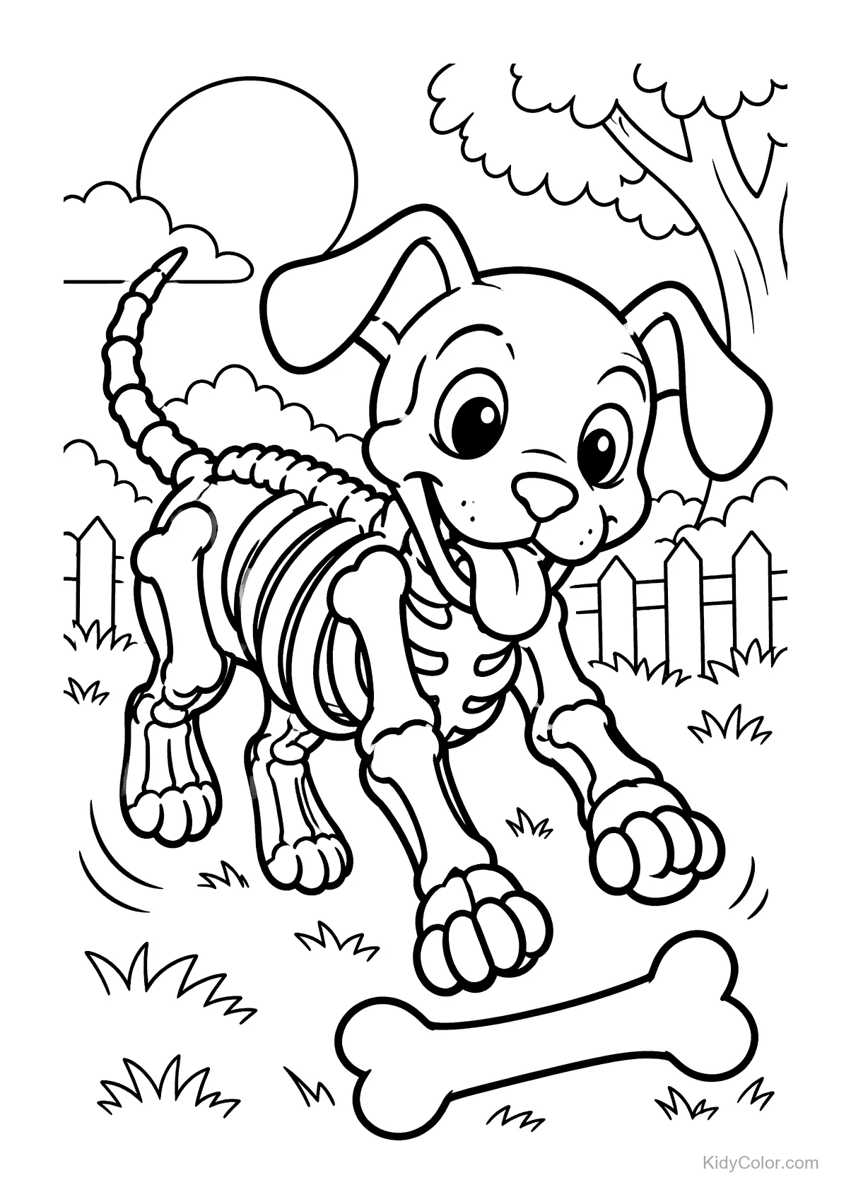 Perro esqueleto persiguiendo un hueso en un jardín.