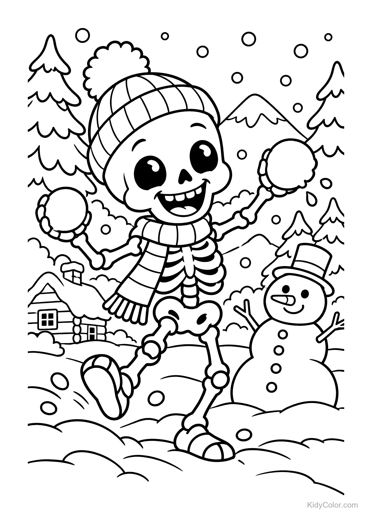 Fröhliches Skelett im Schnee mit Schneebällen und Schneemann.