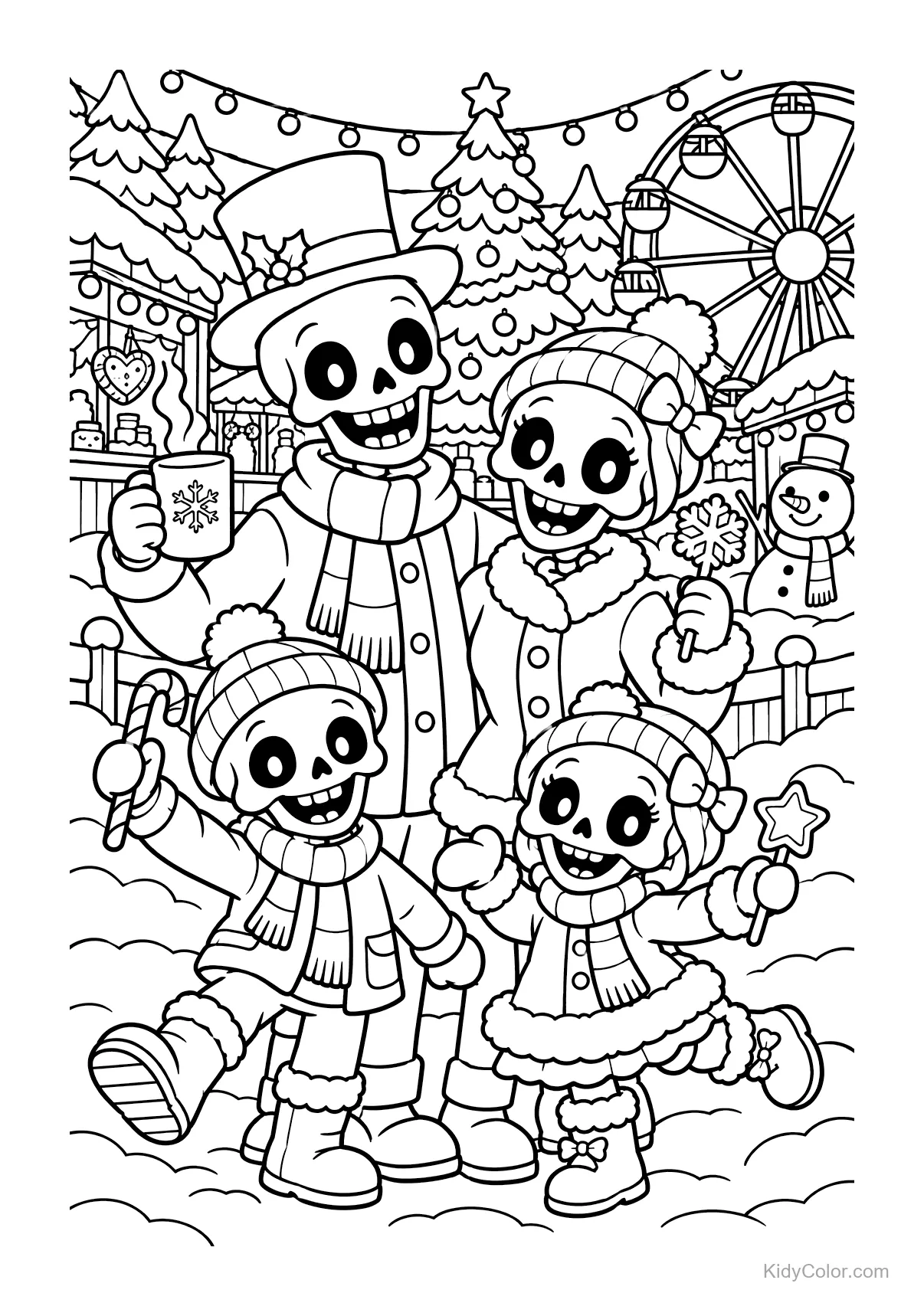 Skelettfamilie auf einem Winterfest mit Schnee und Riesenrad.