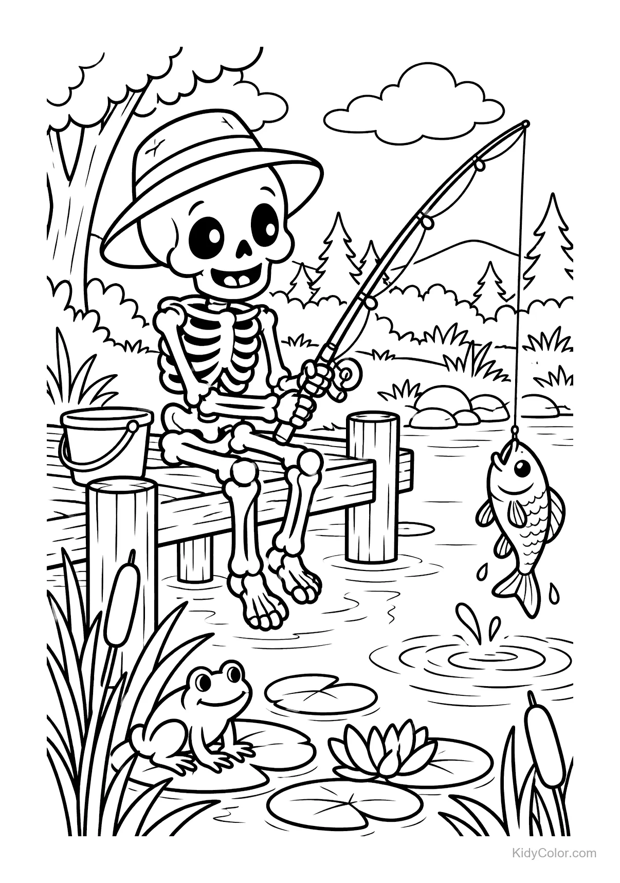 Esqueleto pescando en un estanque con una rana, nenúfares y árboles.