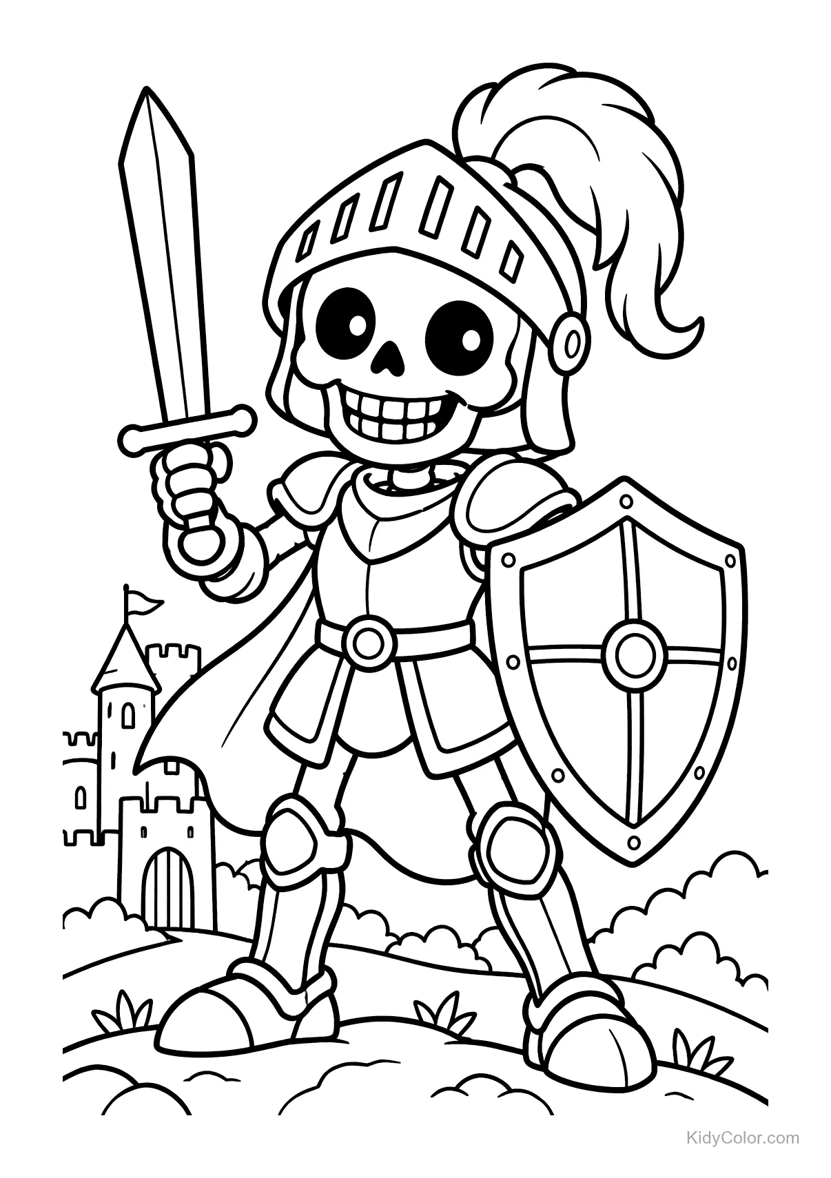 Un caballero esqueleto con espada y escudo frente a un castillo.