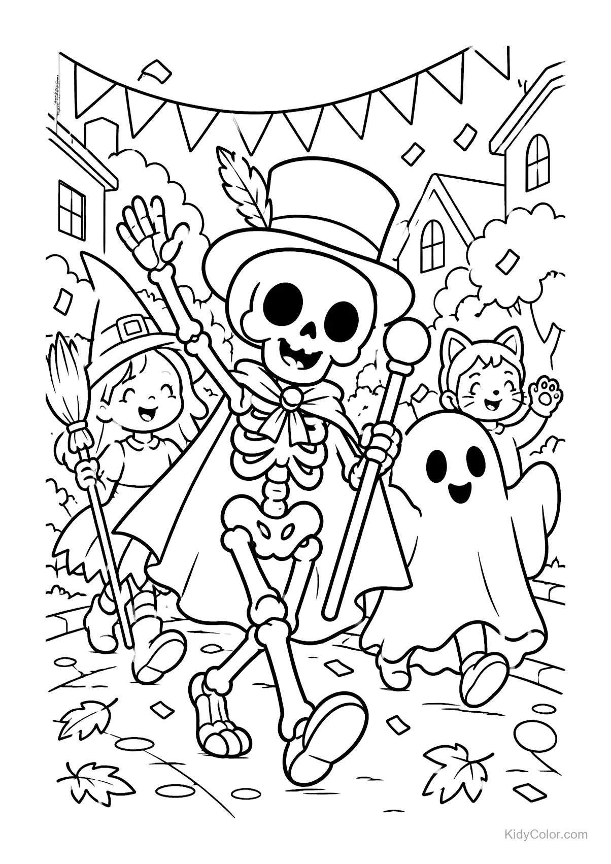 Skelett mit Zylinder führt Halloween-Umzug mit Hexe und Geist.