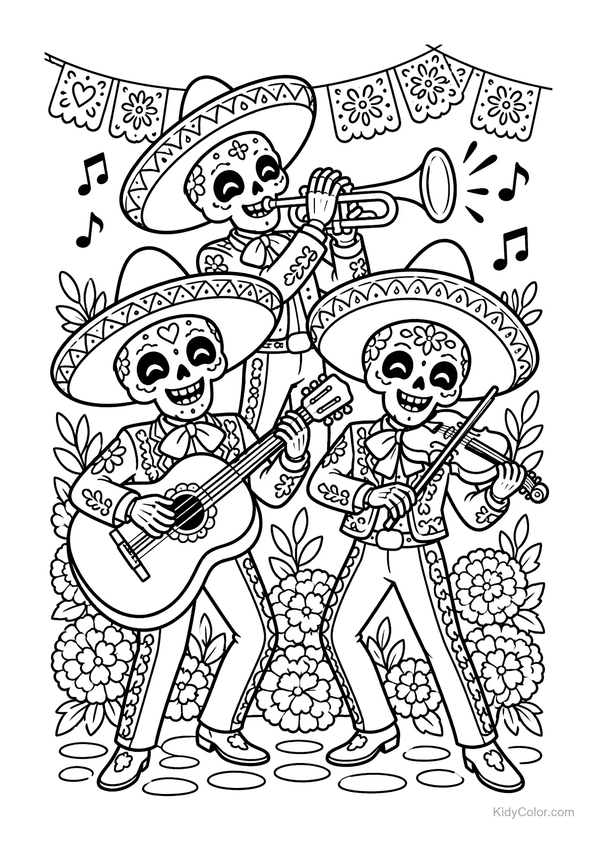 Skeleton mariachi band playing guitar, violin, and trumpet.