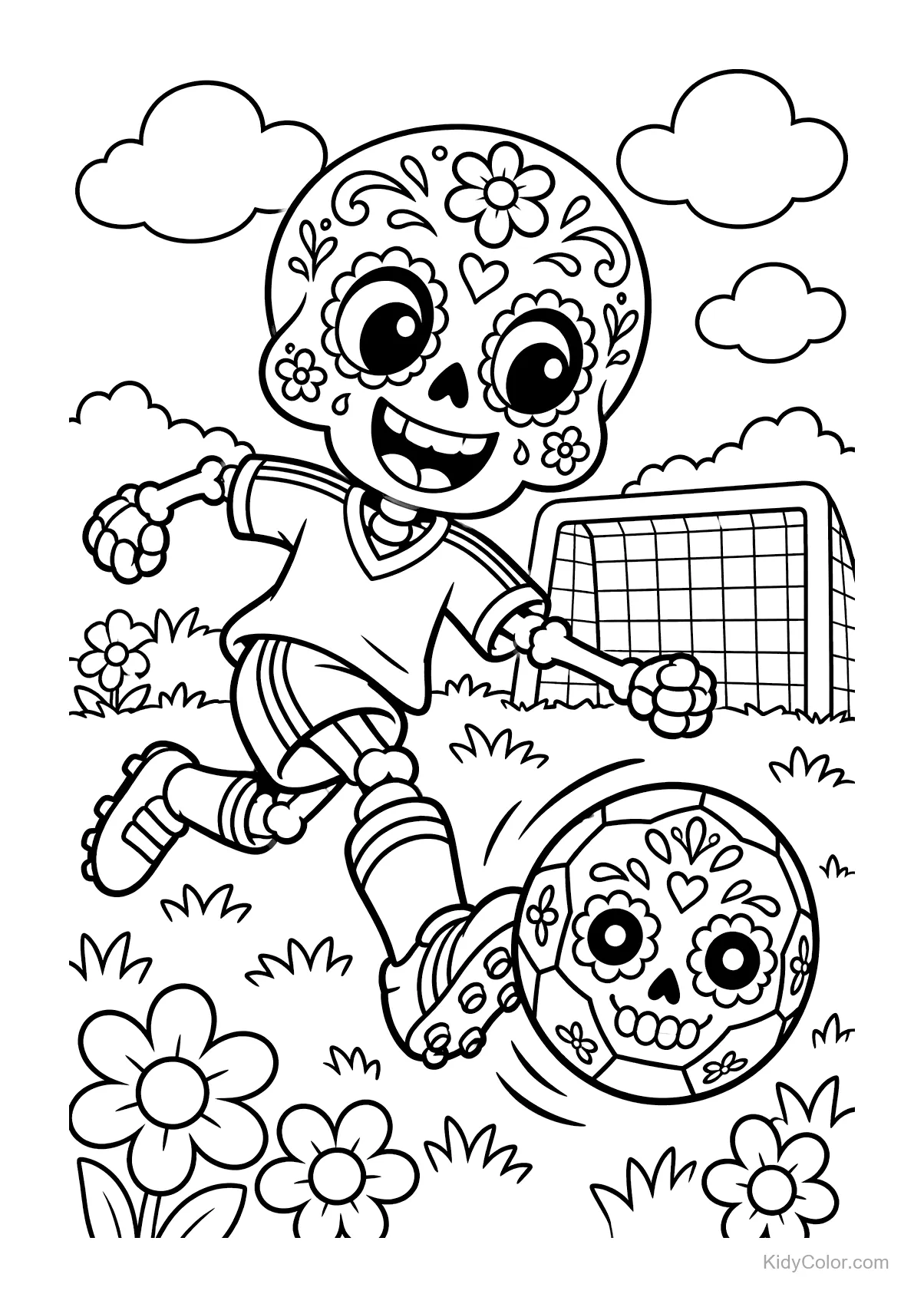Esqueleto com cabeça de caveira mexicana jogando futebol com bola decorada.