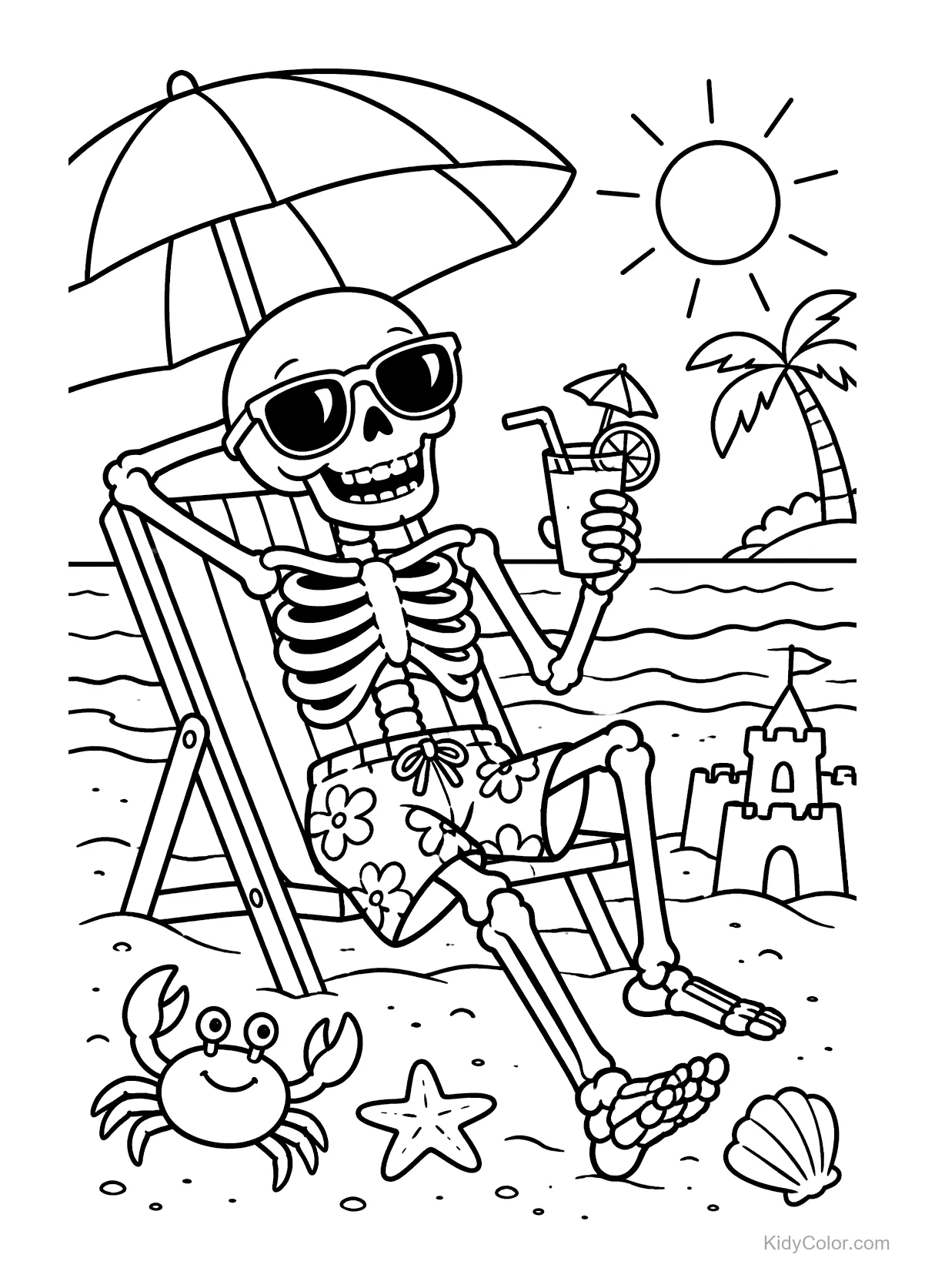 Esqueleto con gafas de sol en una silla de playa con bebida tropical.