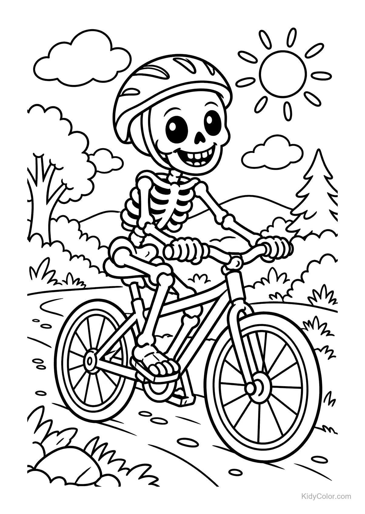 Esqueleto alegre montando una bicicleta por el campo.