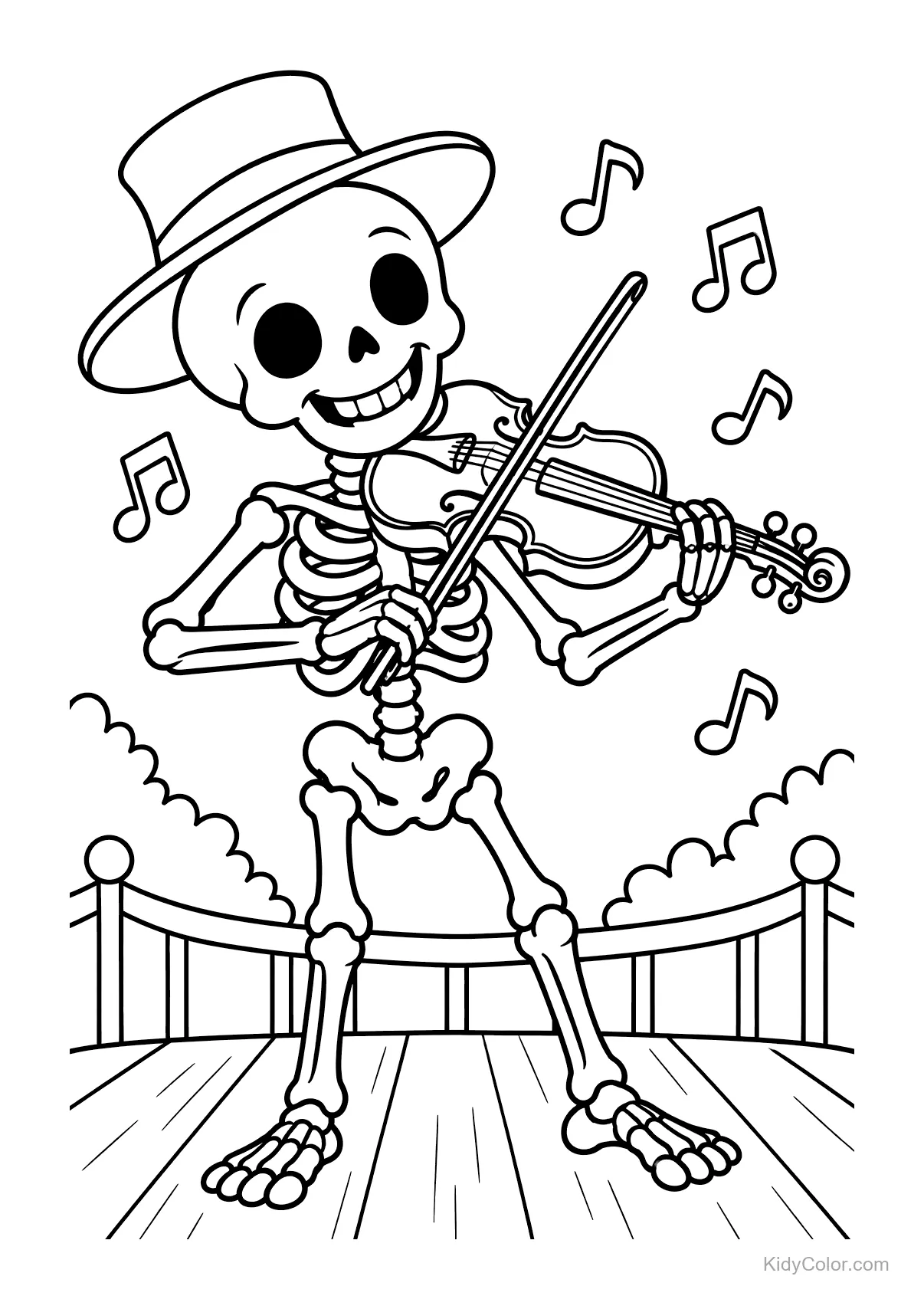 Esqueleto con sombrero tocando el violín en el escenario.