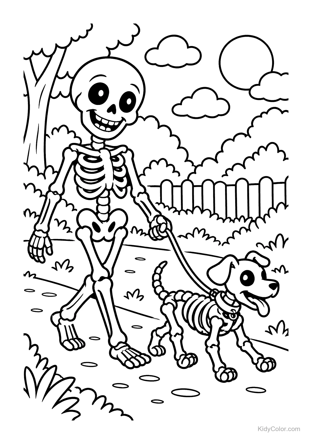 Esqueleto paseando a un perro esqueleto en un parque con nubes y árboles.