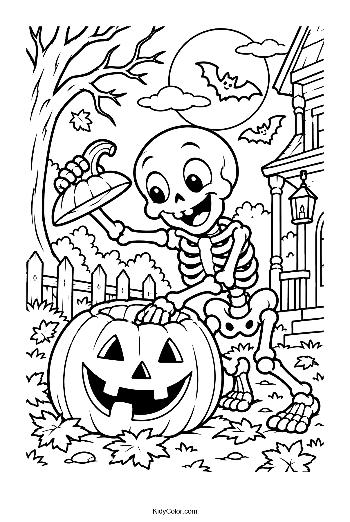 A skeleton with a jack-o'-lantern under a tree and a full moon.