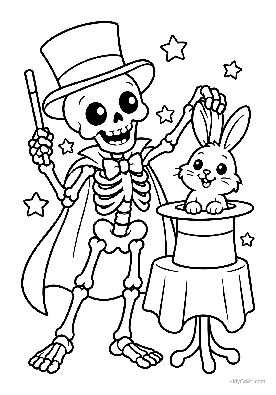 Esqueleto mago con un conejo en un sombrero haciendo un truco.