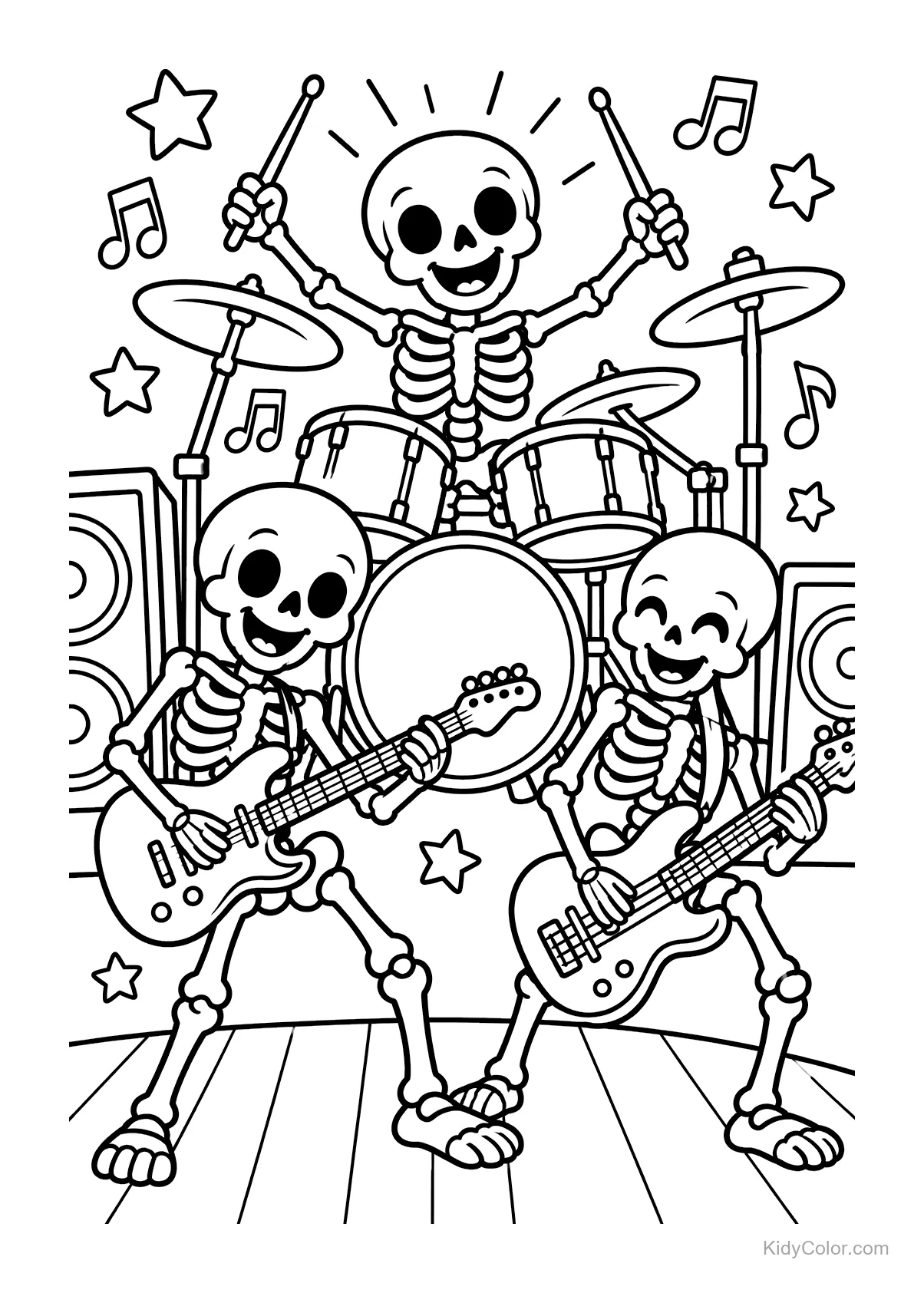Esqueletos tocando guitarras y batería en el escenario con notas musicales y estrellas.