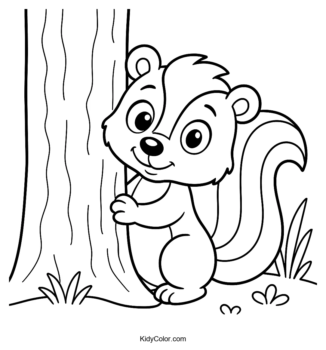 Skunk peeking from behind a tree