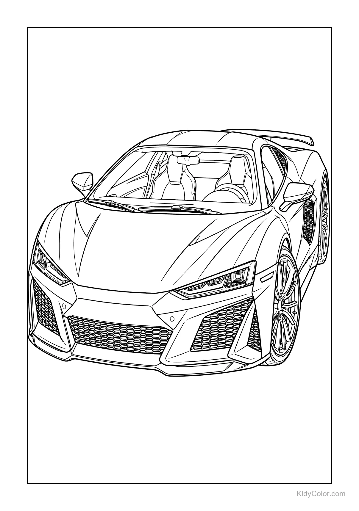 Desenho detalhado de um supercarro com ângulos acentuados.