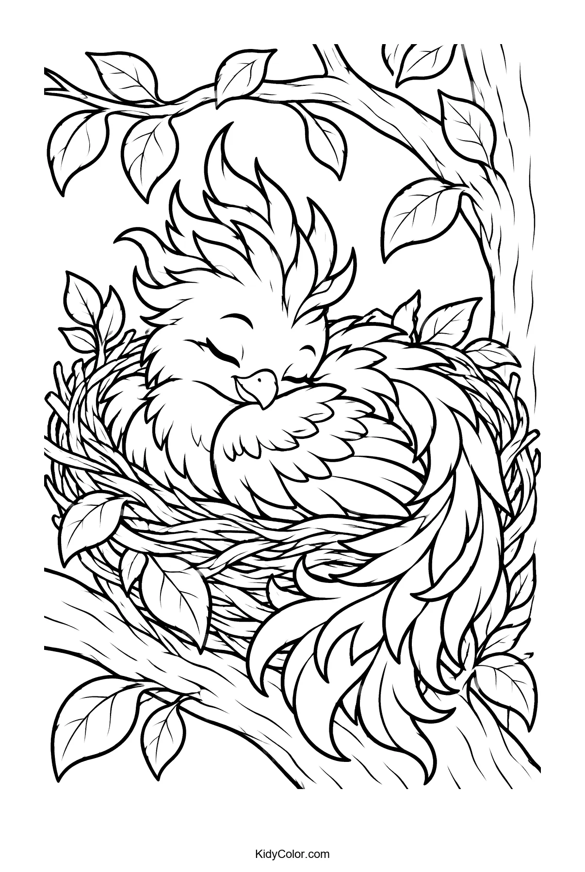 Sleeping baby phoenix in a nest perched on a tree branch.