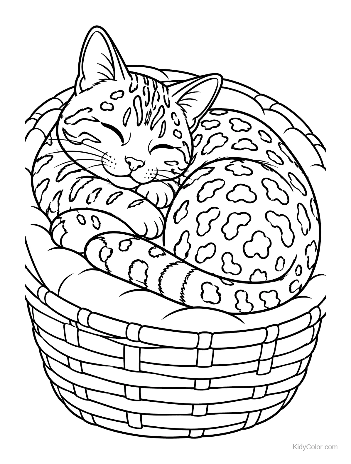 A Bengal cat sleeping in a basket, with detailed spots and stripes.