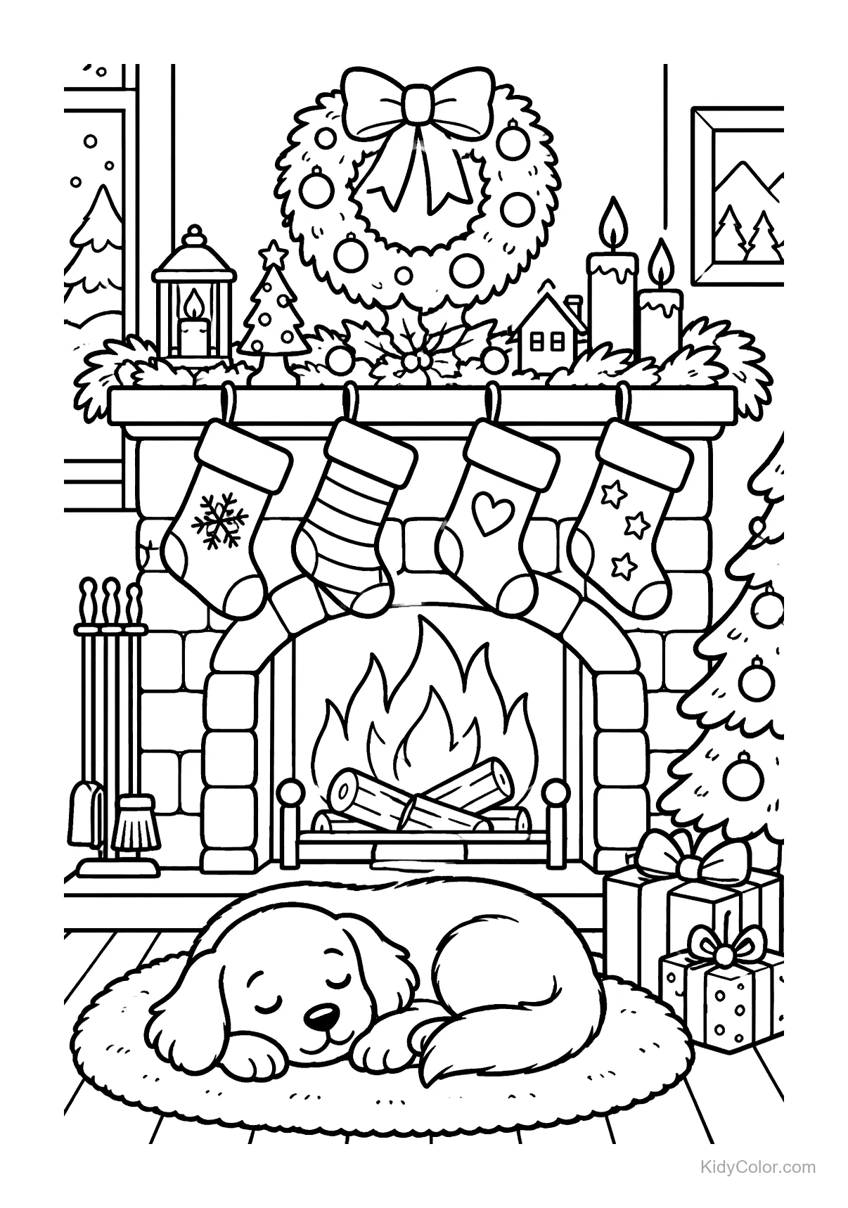 Sleeping dog by a Christmas fireplace with stockings, wreath, and gifts.