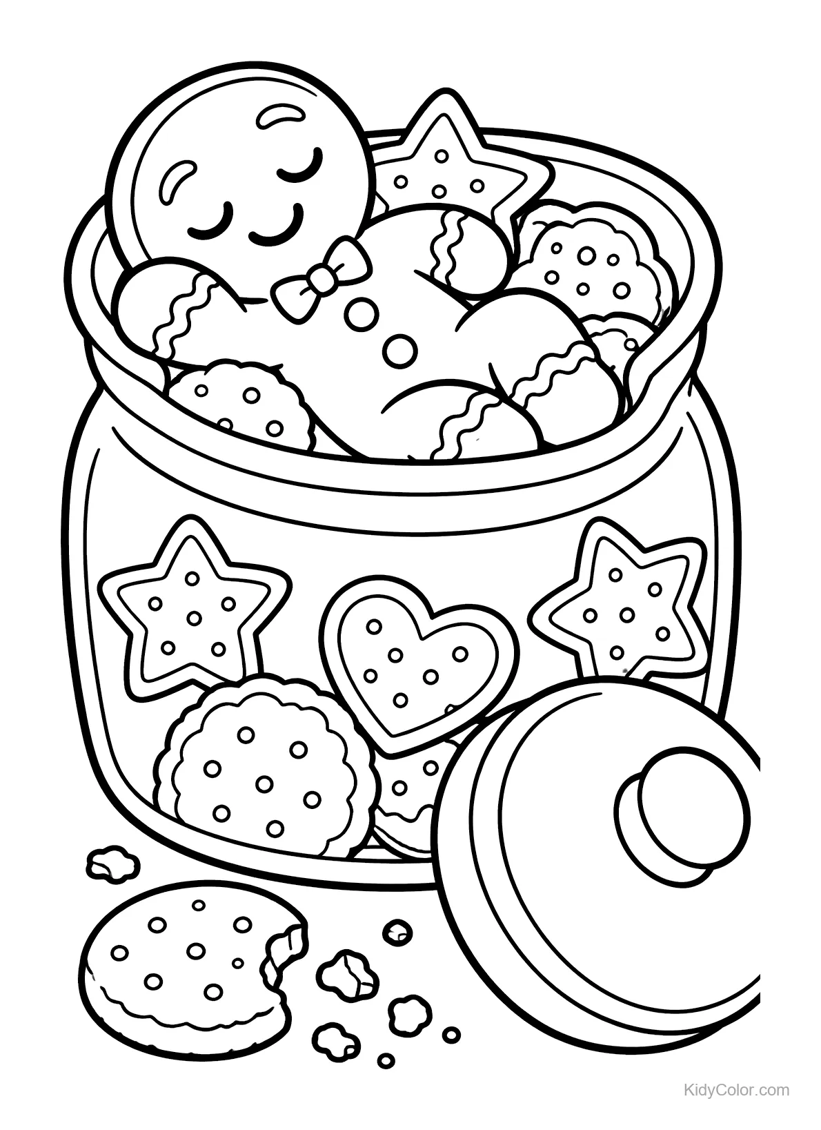 Galleta de jengibre durmiendo sobre un frasco de galletas con estrellas y corazones.