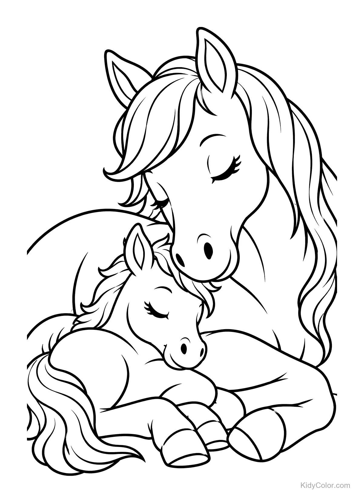Cavalo e potro dormindo com expressões tranquilas.