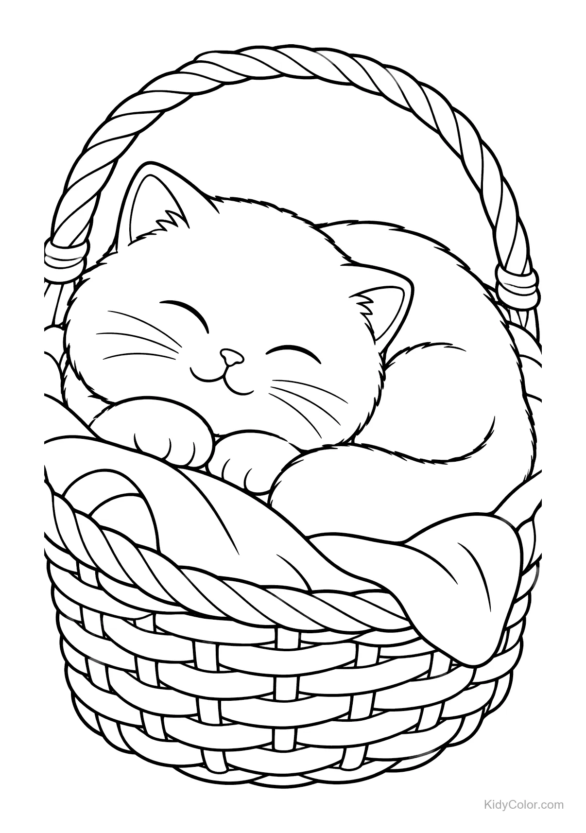 A British Shorthair kitten sleeping in a woven basket.