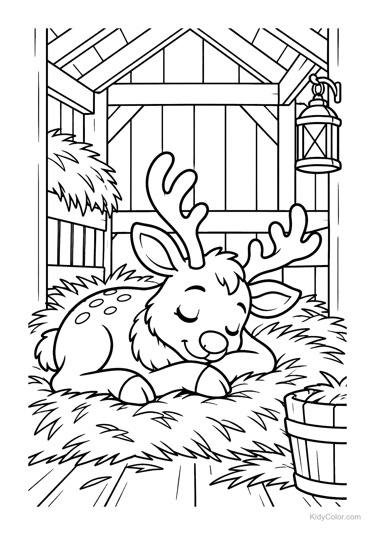 Sleeping reindeer nestled in hay with wooden beams and a lantern.