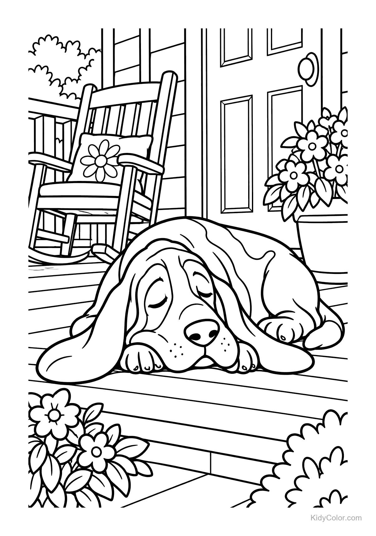 A basset hound sleeping on a porch with flowers and a rocking chair.