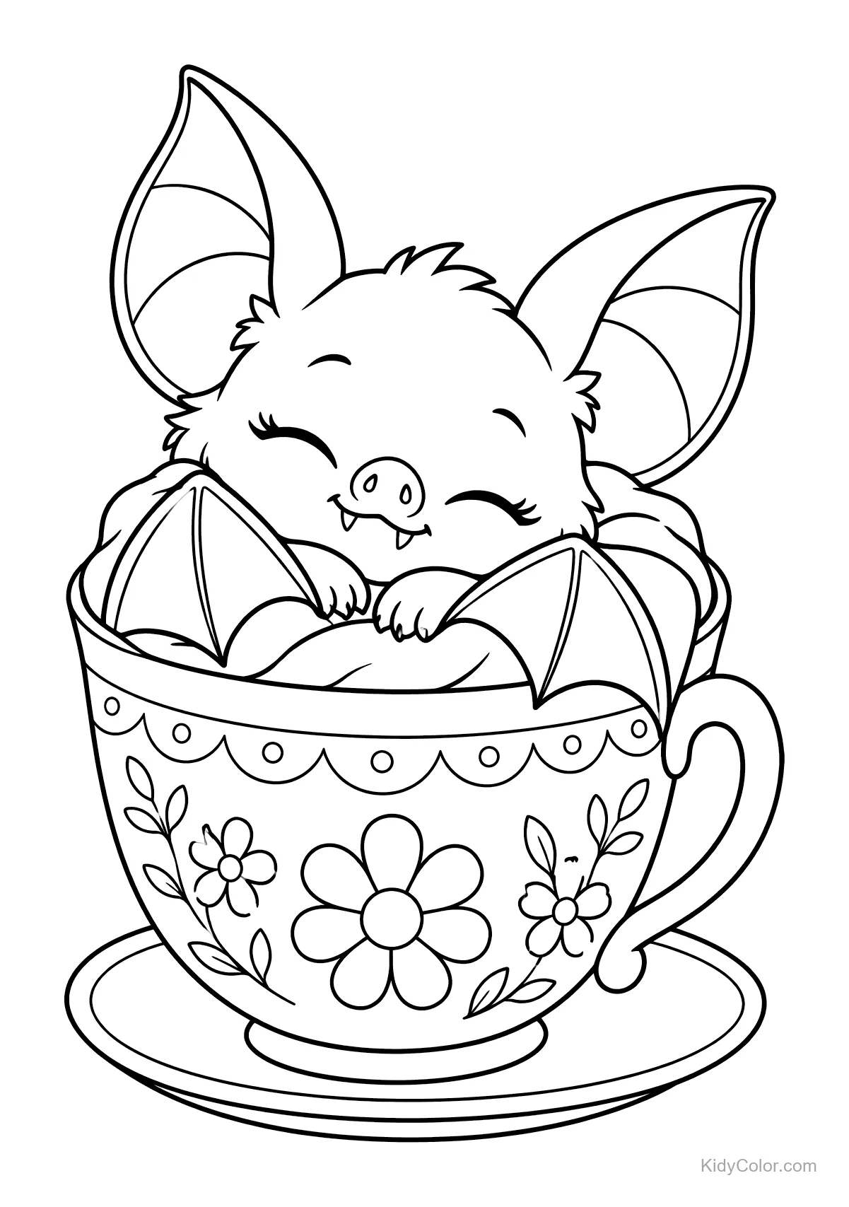 Pipistrello assonnato dentro una tazza con fiori.