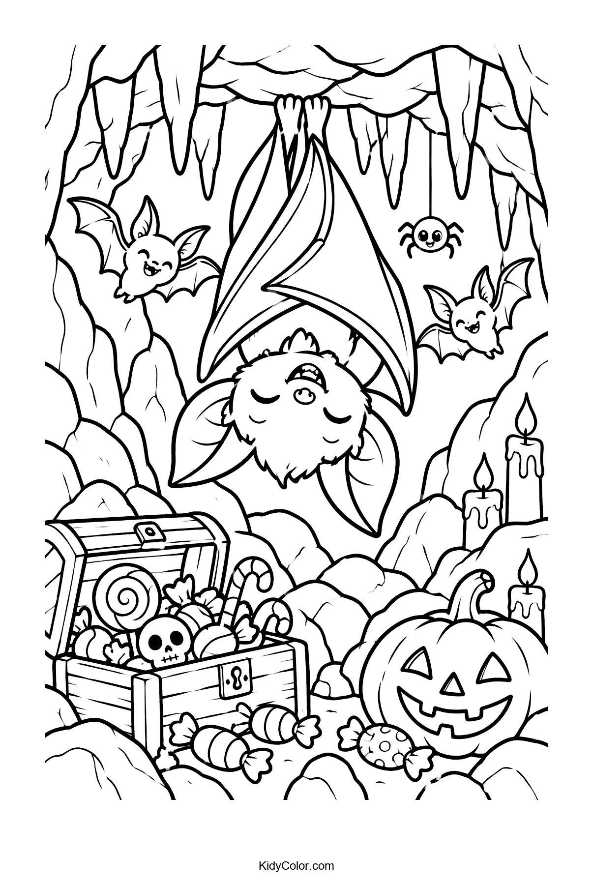 A bat hangs in a cave with candy, pumpkins, and three smaller bats.