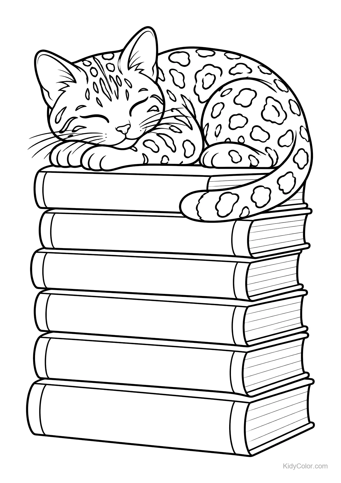 Gato bengal dormindo em uma pilha de seis livros.