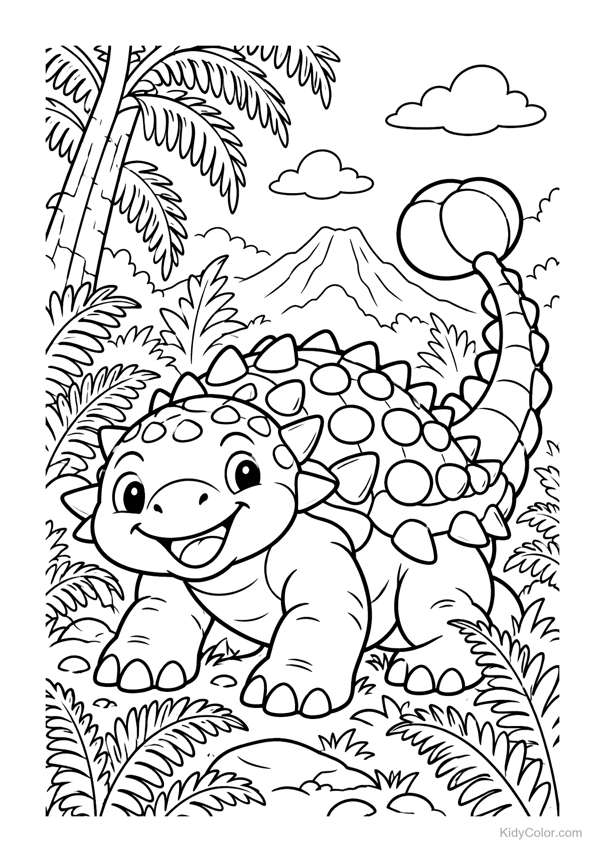 Smiling armored dinosaur with spiked tail in jungle.