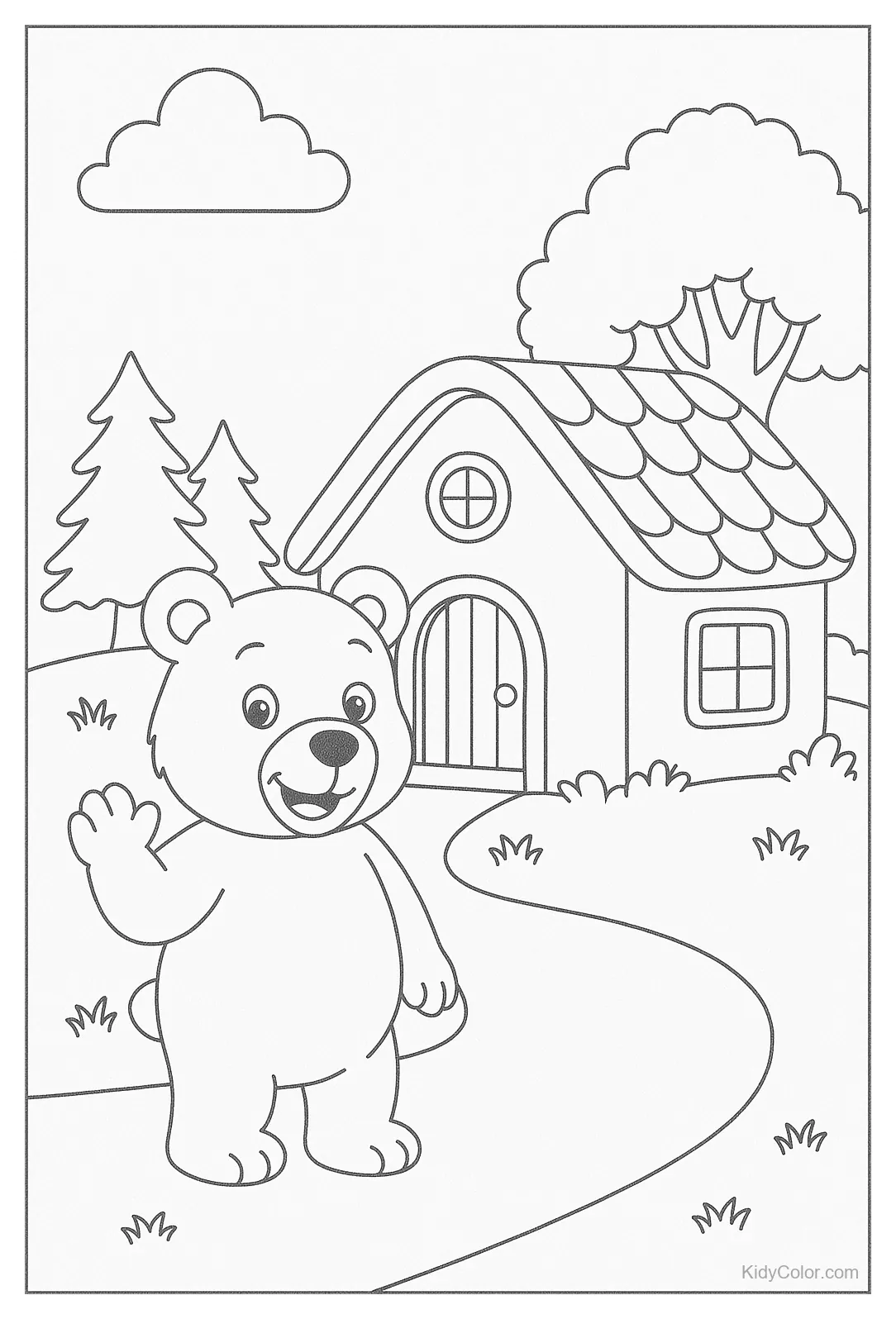 Urso sorridente acenando em frente a uma cabana com árvores ao redor.
