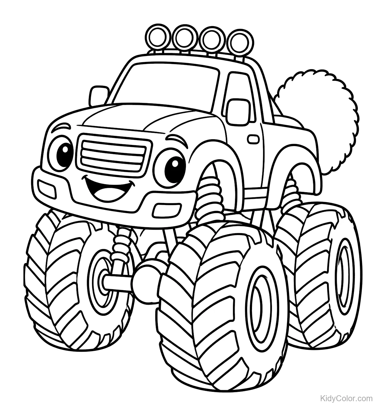 Smiling monster truck with large wheels and a fluffy bunny tail.
