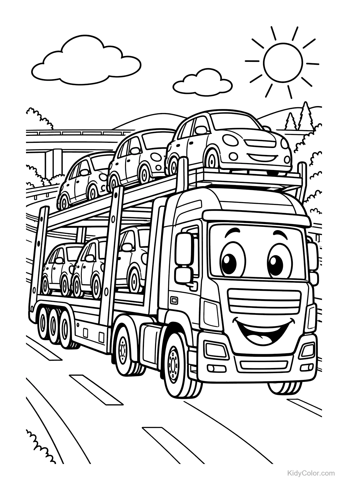 Smiling car carrier with cars on the motorway under a sunny sky.