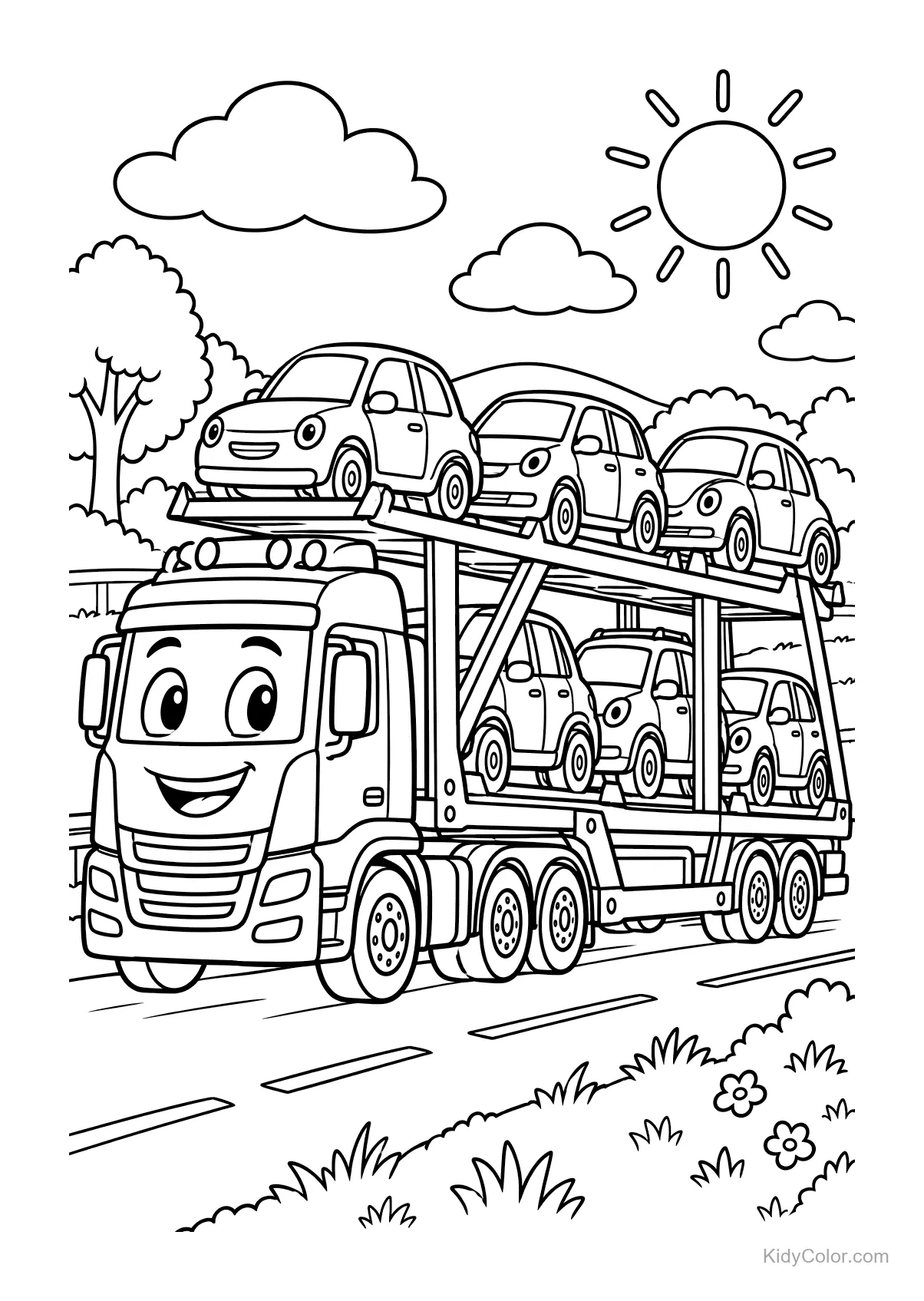 Smiling car carrier with small cars on a countryside road.