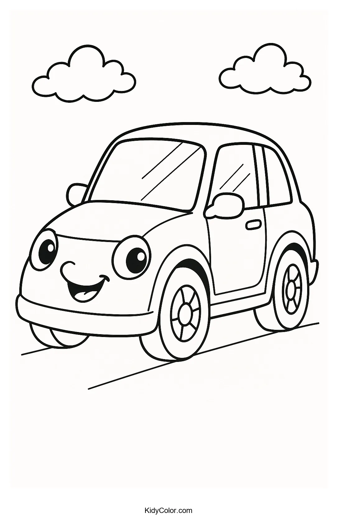 Smiling car on a sunny road coloring page