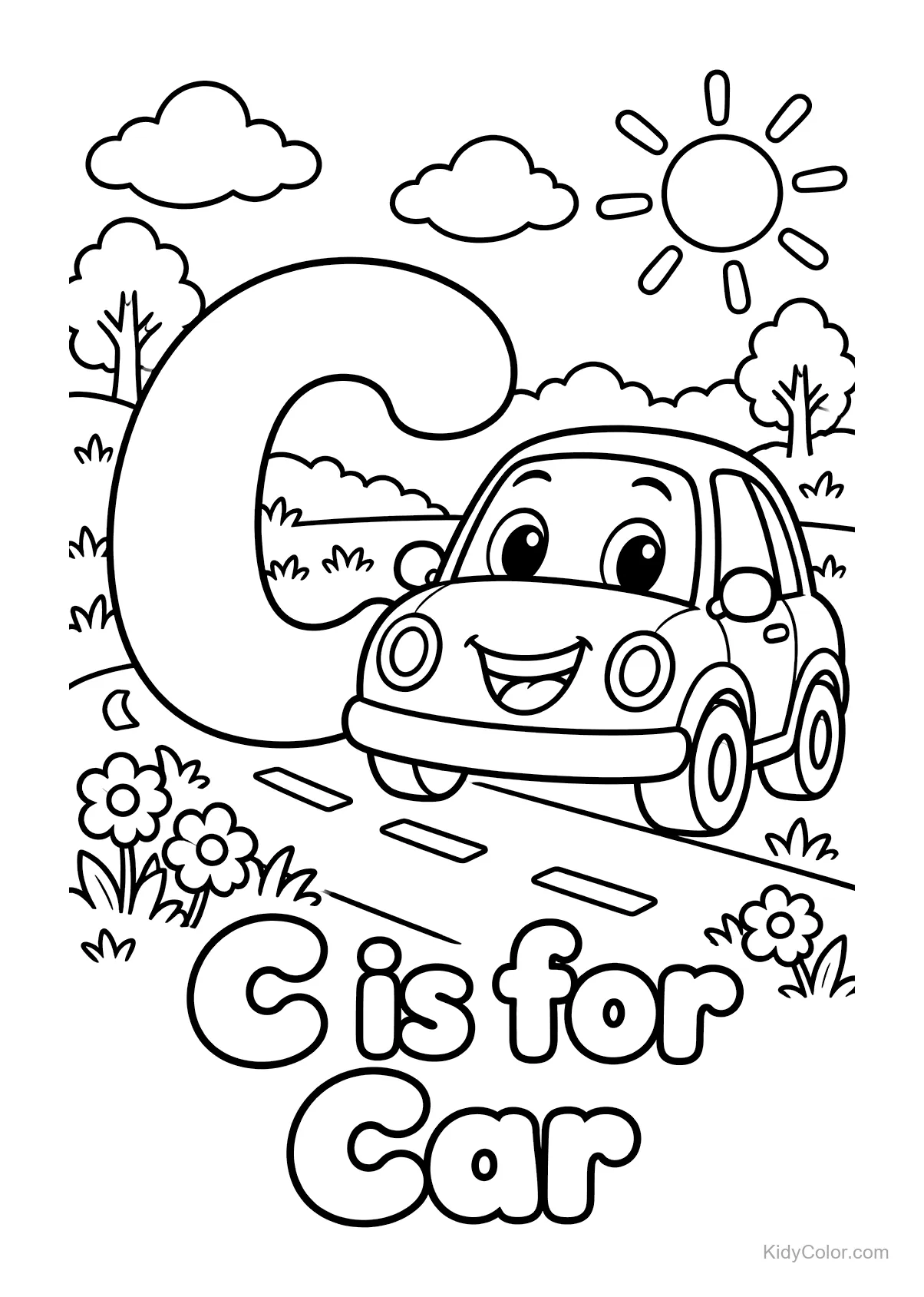 Car with a smile driving under the sun next to a big letter C.