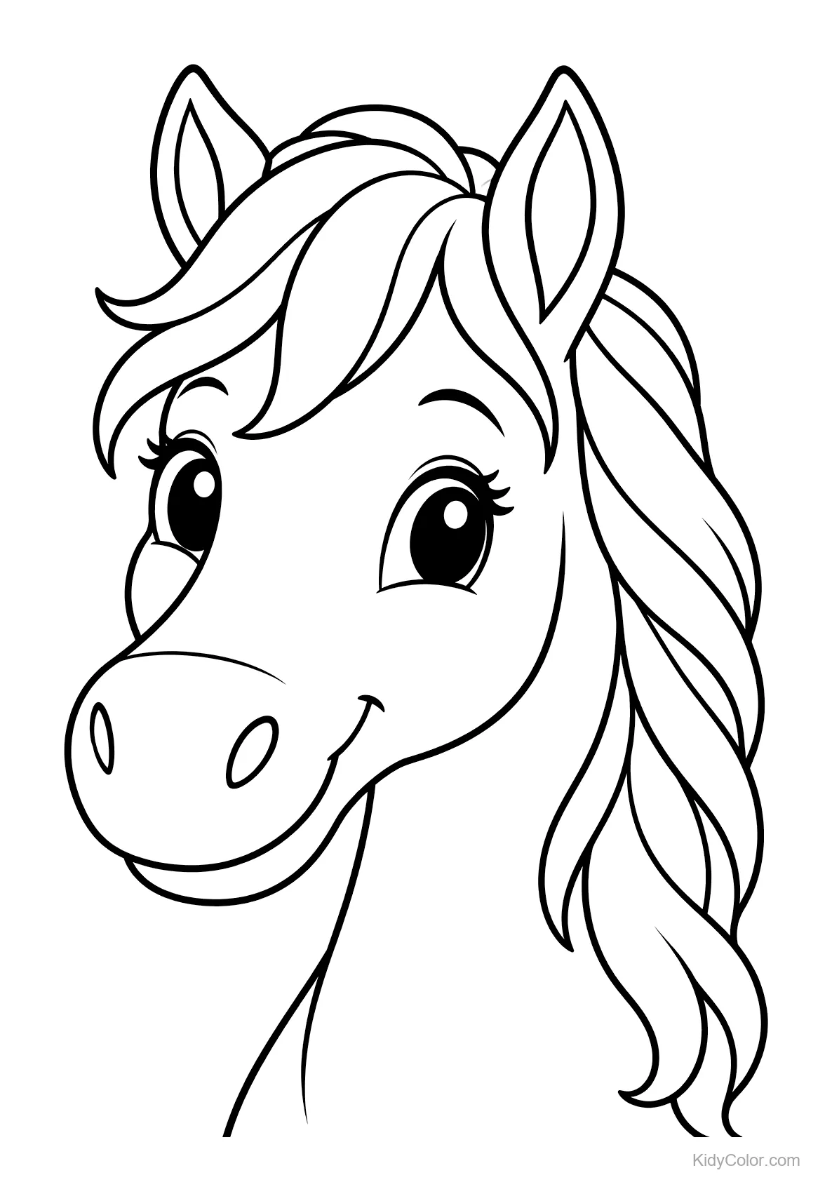 Cavalo de desenho animado sorridente com olhos grandes e crina ondulada.