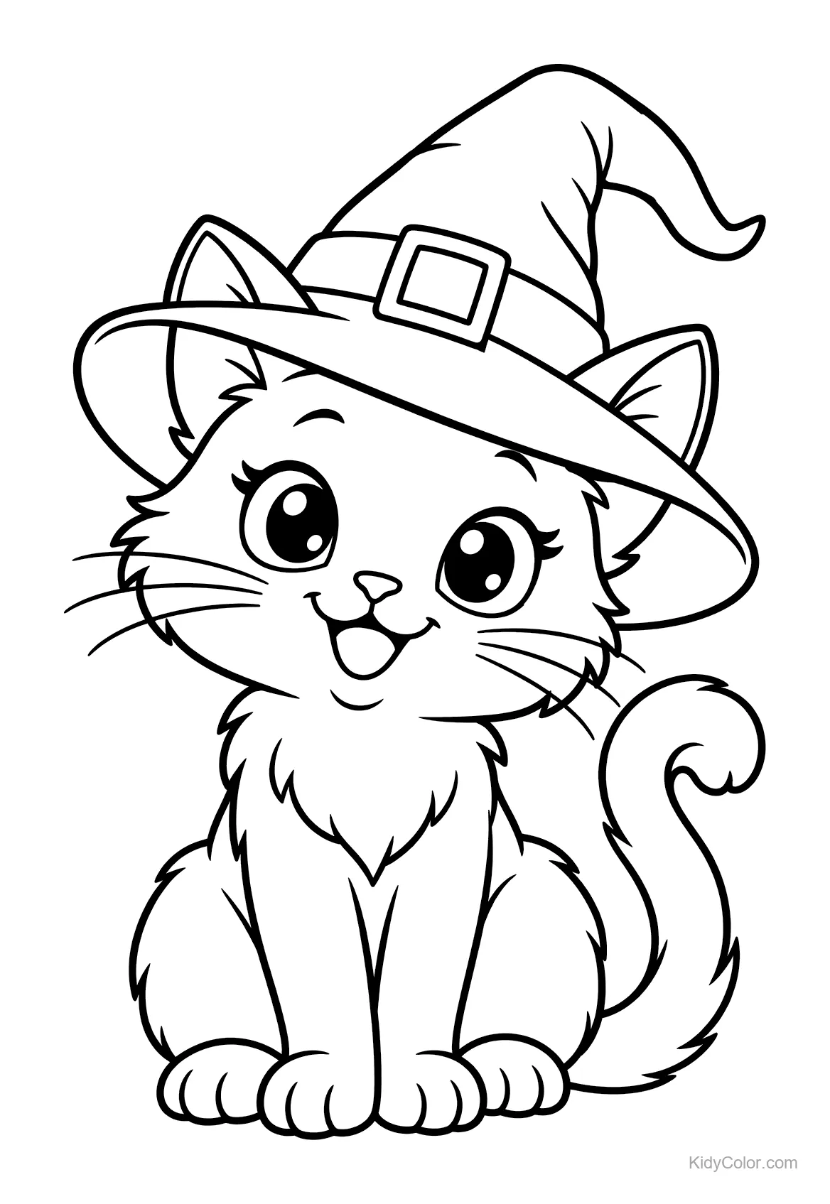 Gato lindo sentado con sombrero de bruja.
