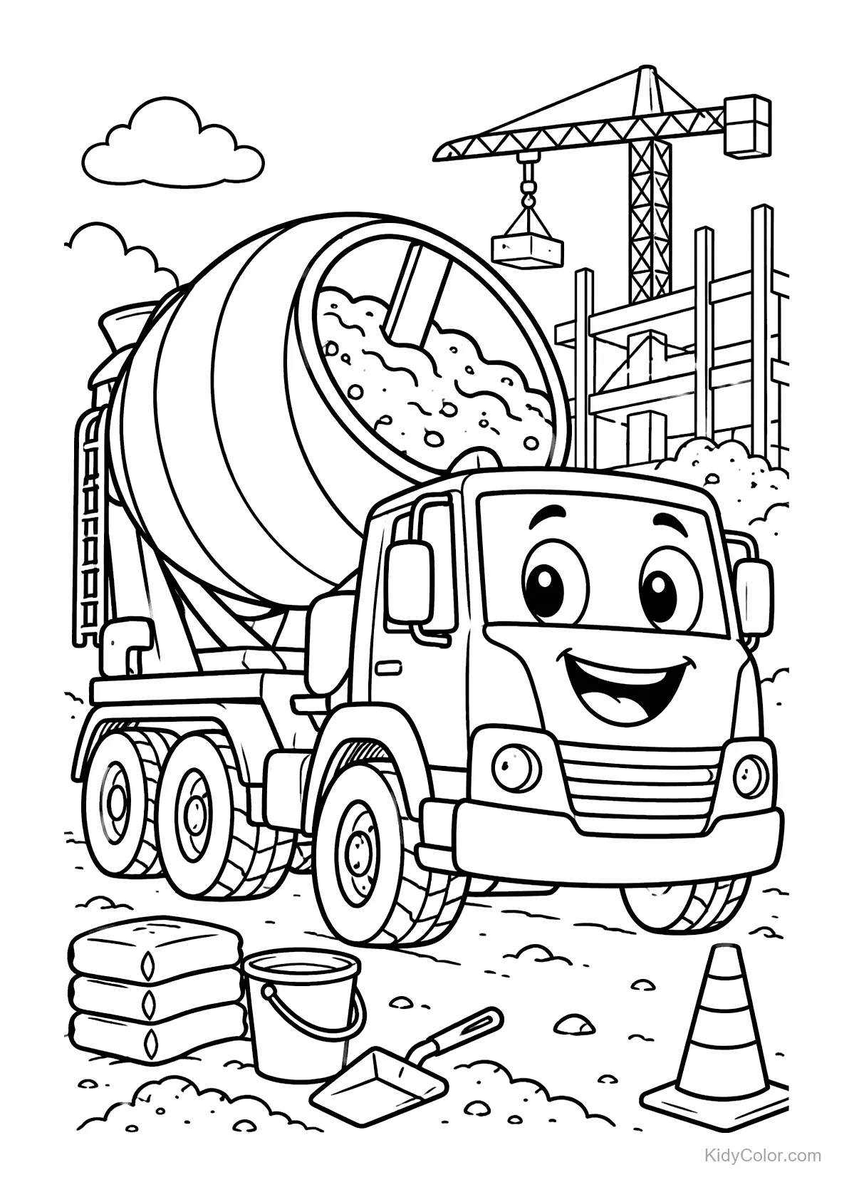 A smiling cement mixer with a rotating drum at a construction site.