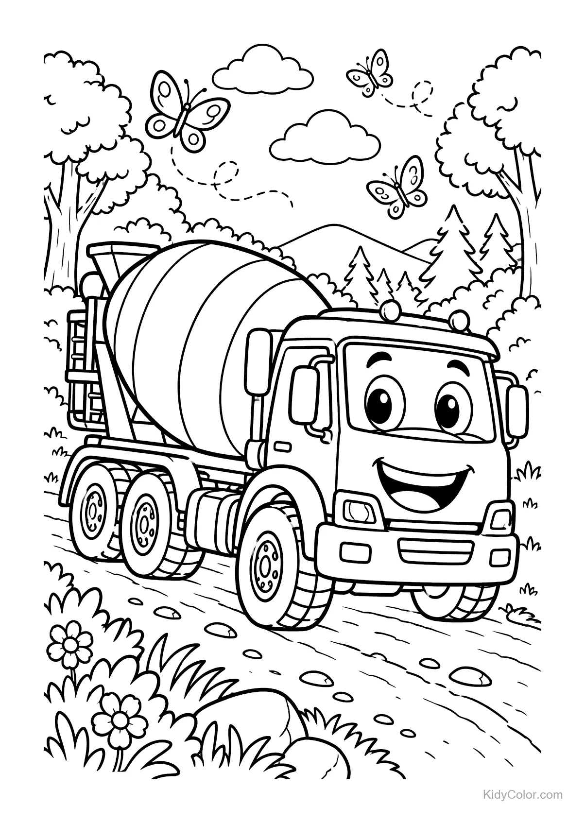 A smiling cement mixer on a country road with butterflies above.