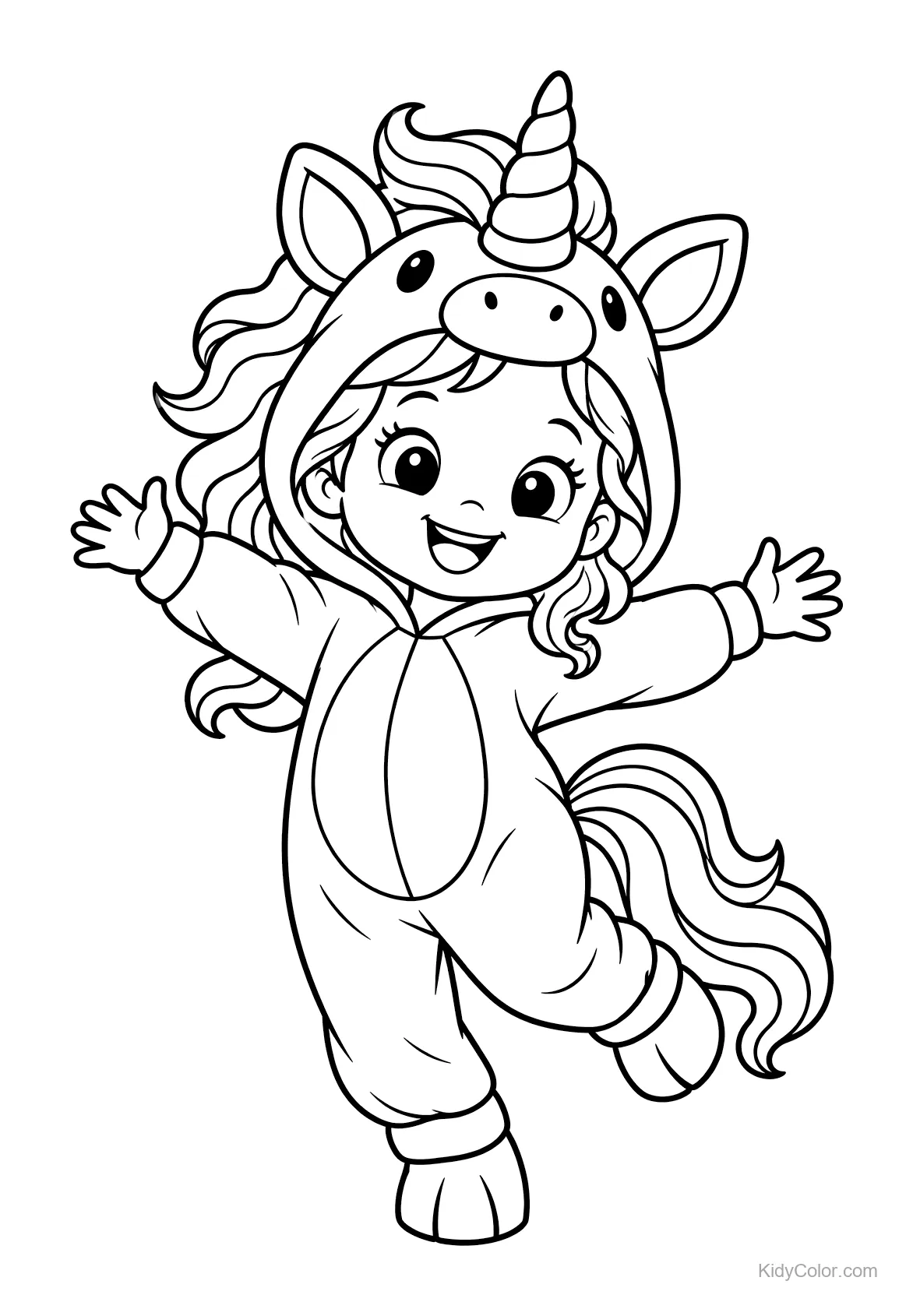 Child in a unicorn costume with a smiling face and outstretched arms.