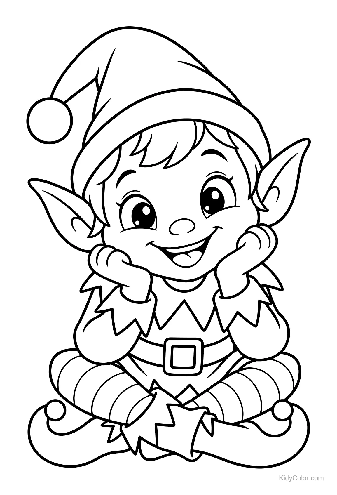 Duende de Natal sorridente sentado de pernas cruzadas.
