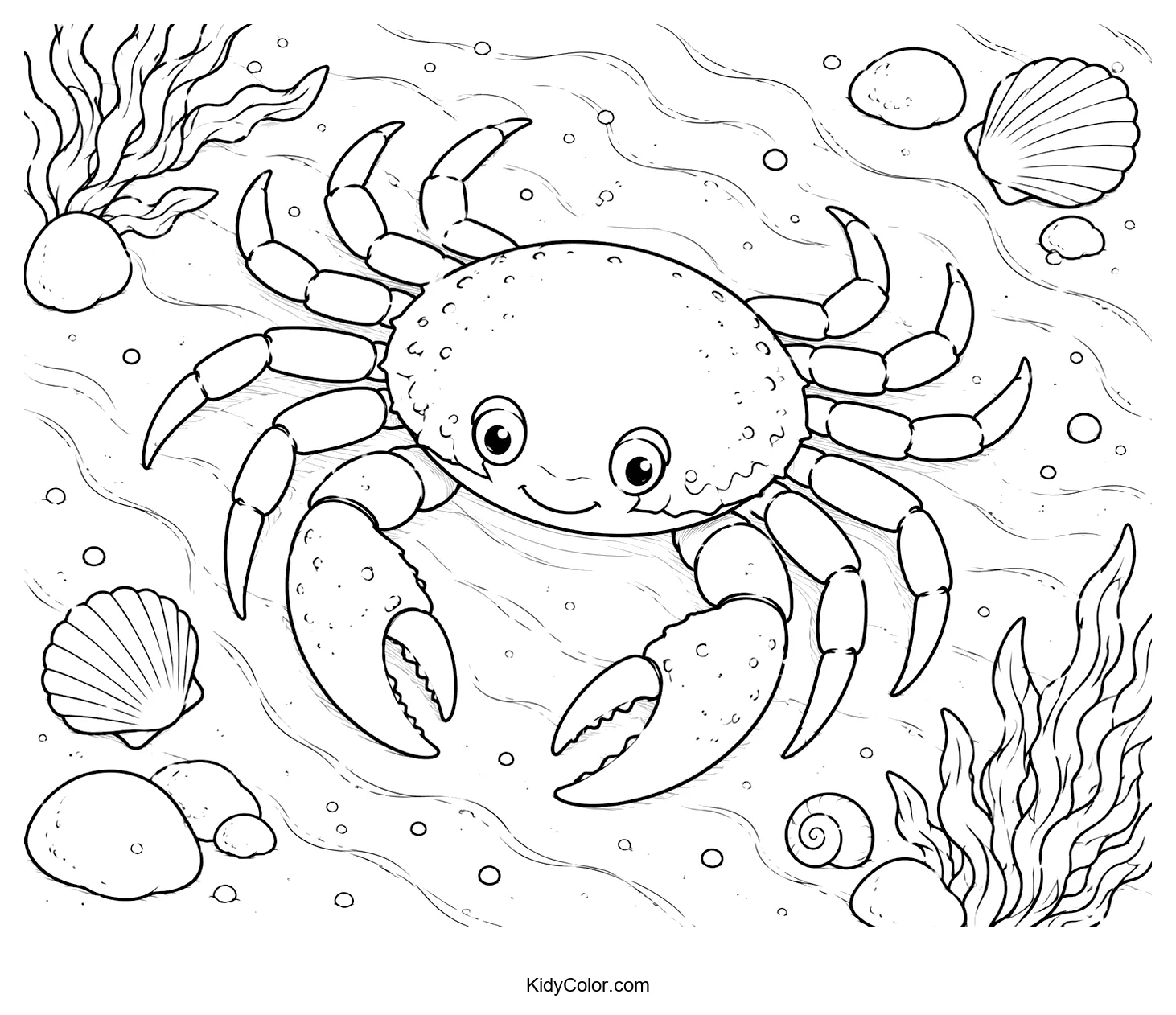 A smiling crab on a sandy seabed with seaweed and shells.