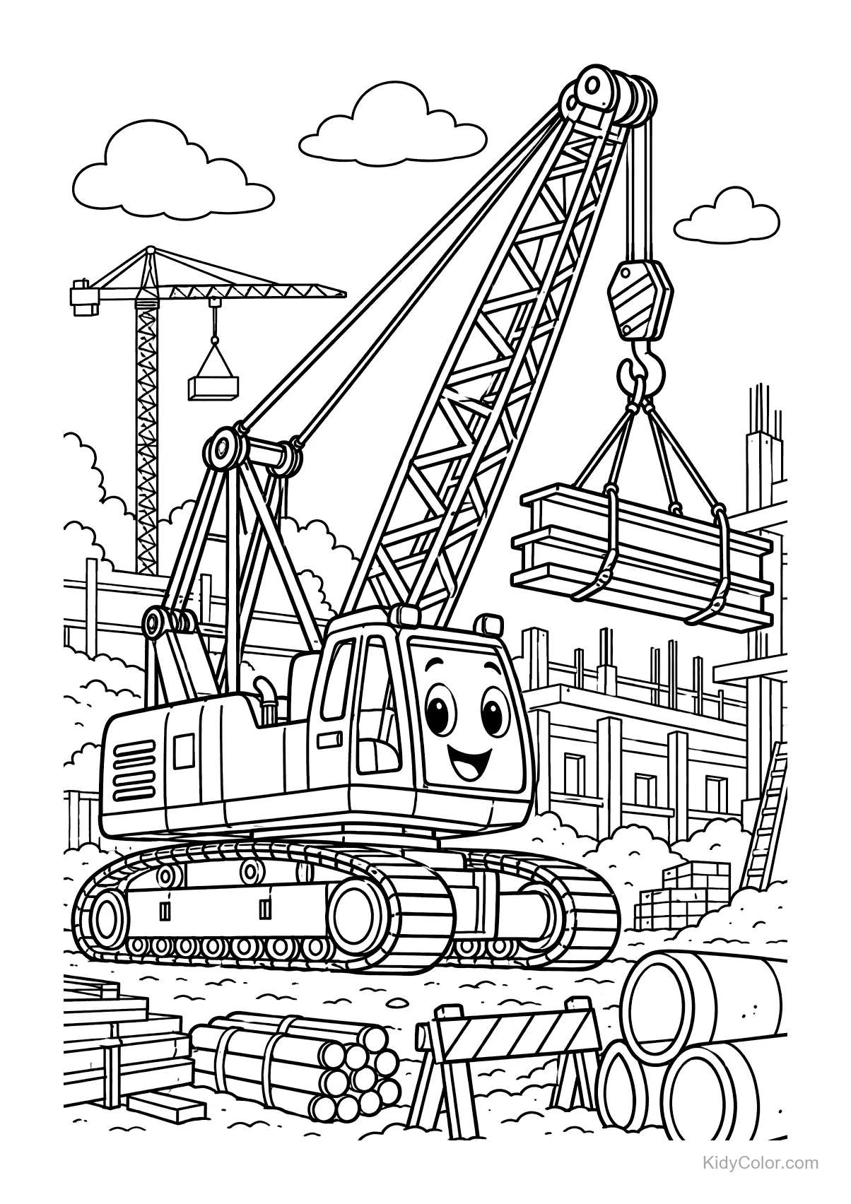 A smiling crane lifting steel beams at a construction site.