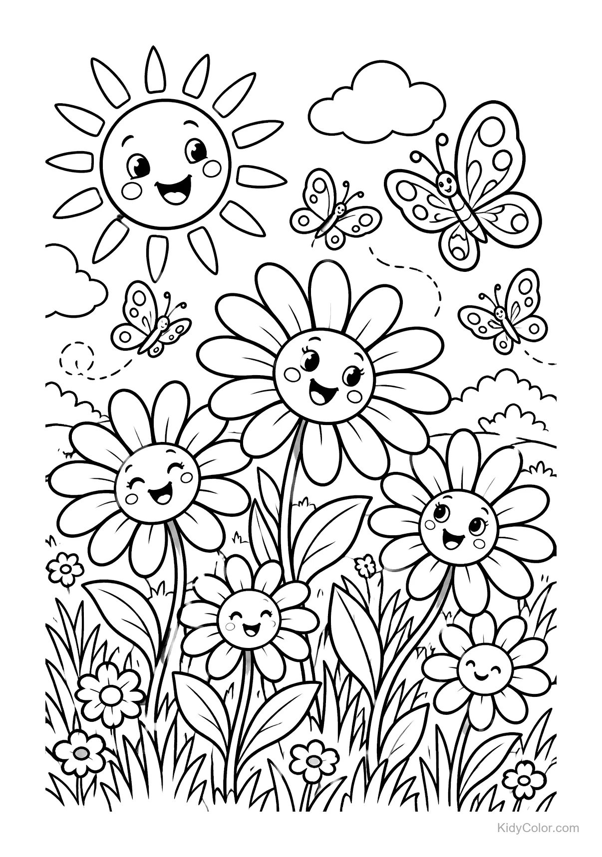 Smiling daisies with faces, butterflies, and a sun in a meadow.