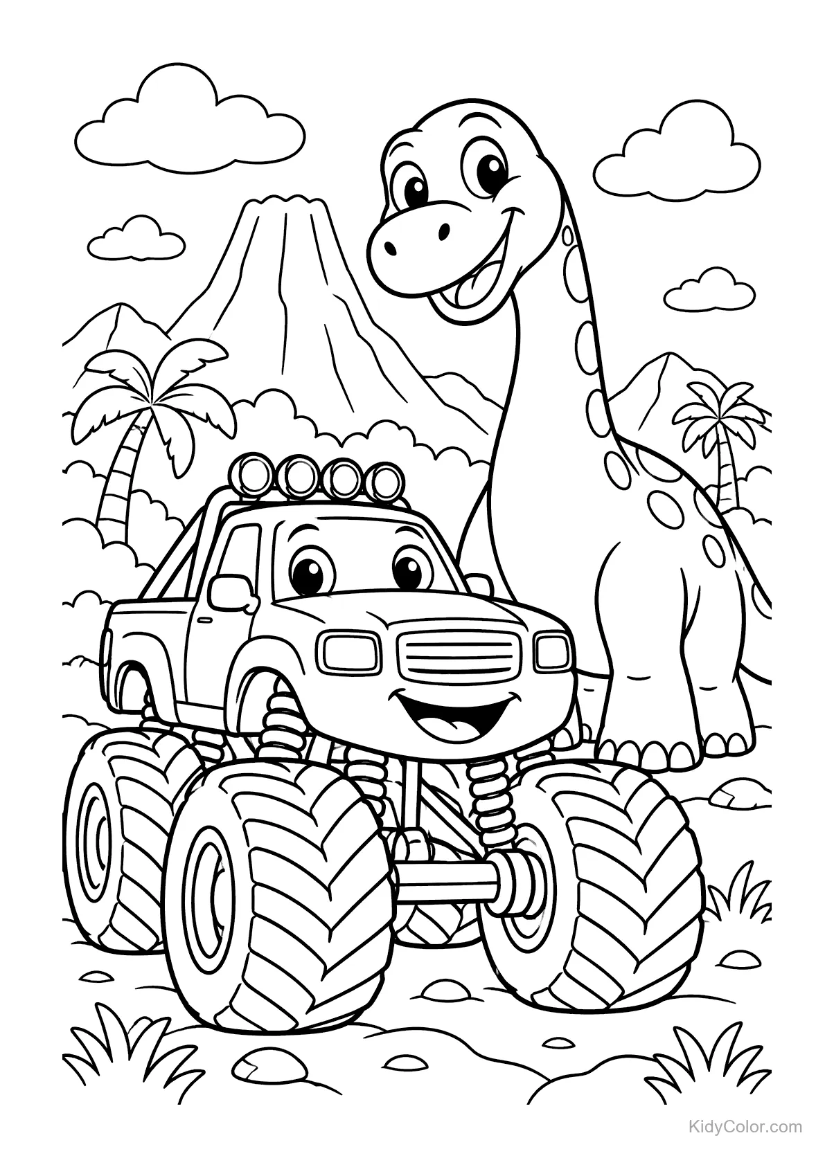 Dinosaurio amistoso junto a un camión monstruo en un paisaje.