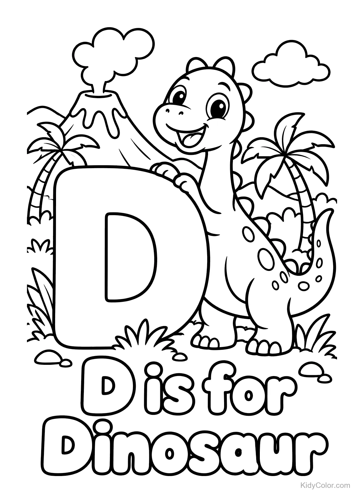 A smiling dinosaur stands by a large letter D with a volcano erupting behind.