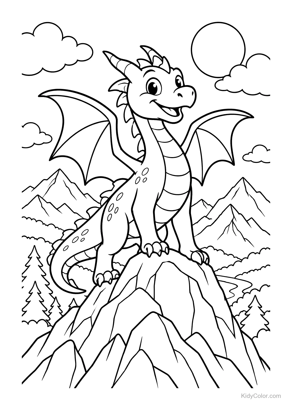 A cheerful dragon standing on mountain peaks with a sunny sky.