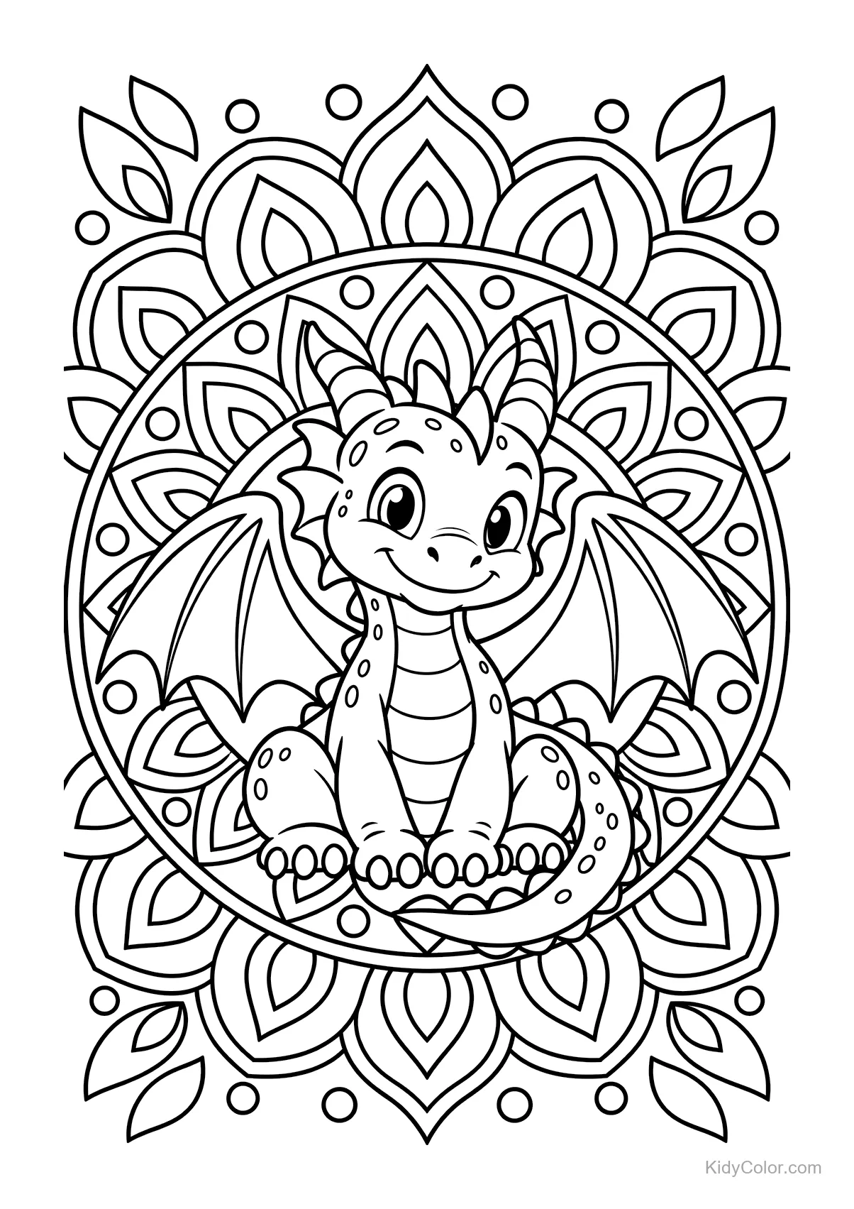 A cute dragon seated within an intricate mandala pattern.