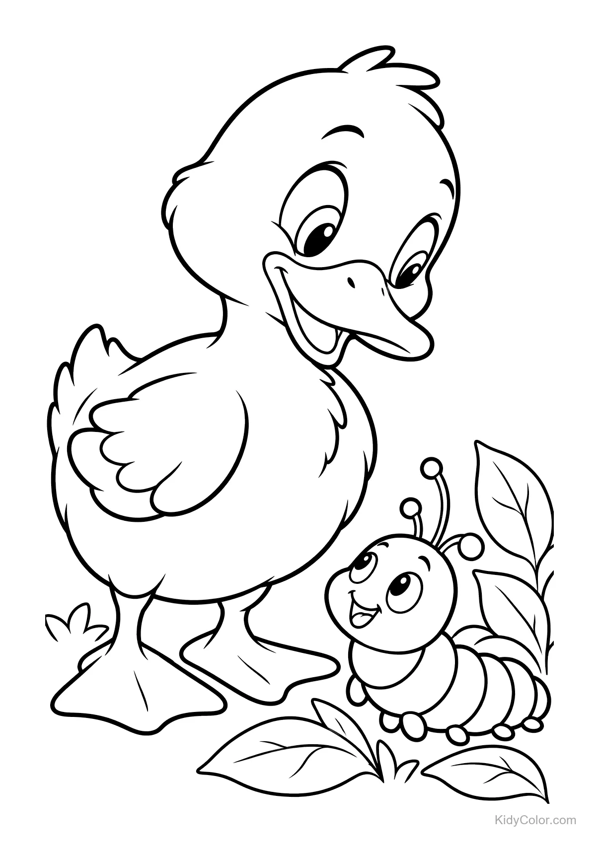 Un canard et une chenille souriant l'un à l'autre avec des feuilles autour.